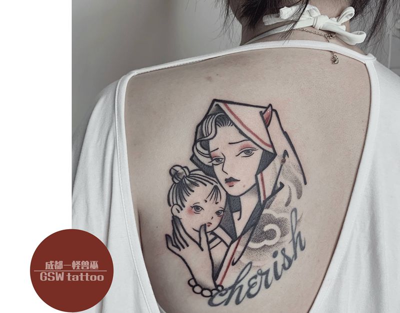 亲子纹身纹身图片_背部New School纹身图案