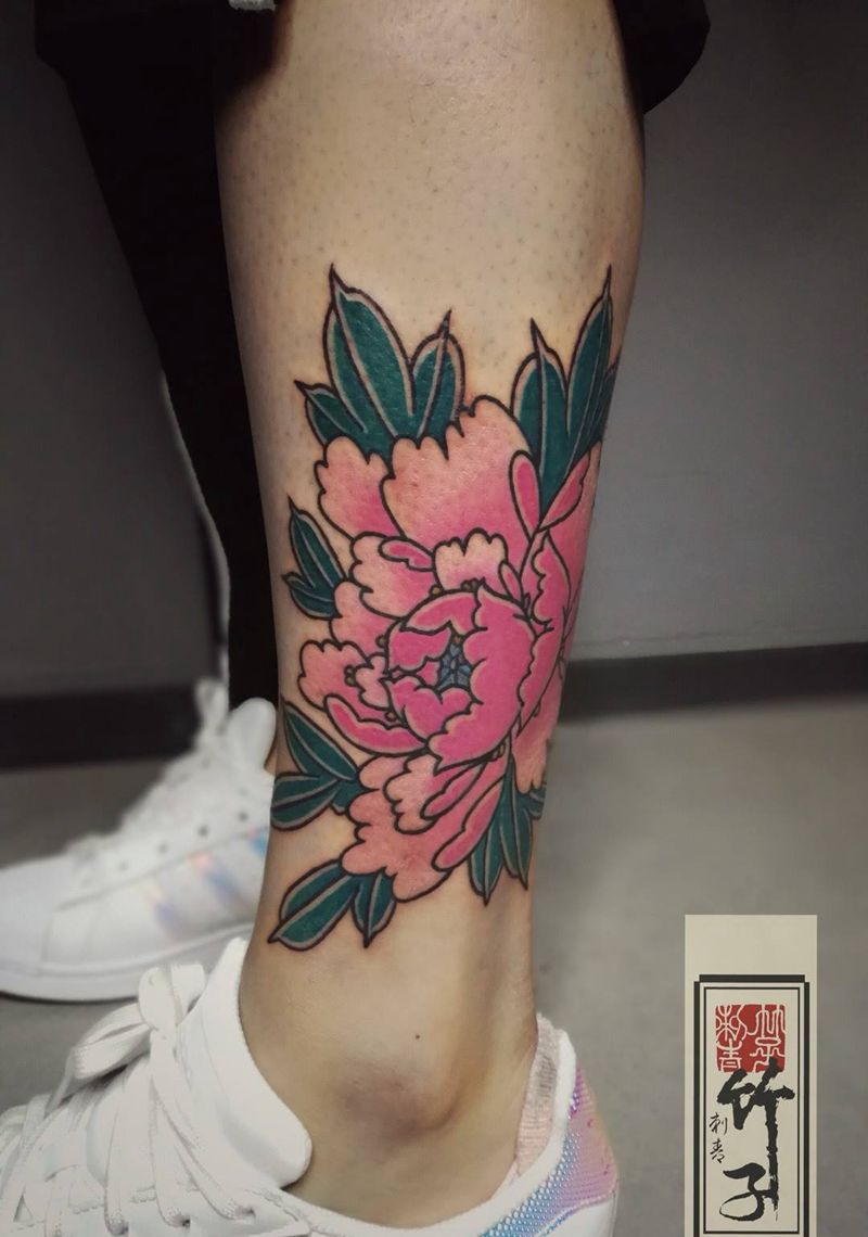 传统牡丹纹身图片_成品脚部腿部传统静物植物原创纹身图案