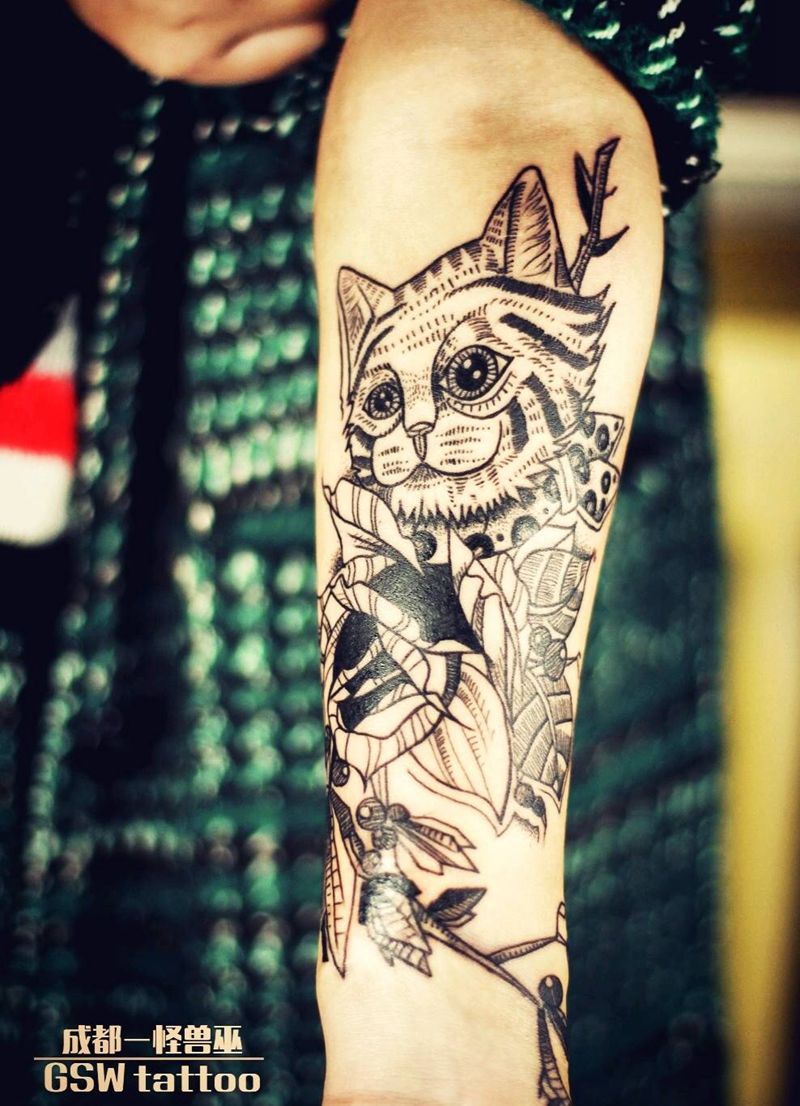 亲爱的猫咪纹身图片_手臂手部清新动物成品插画纹身图案