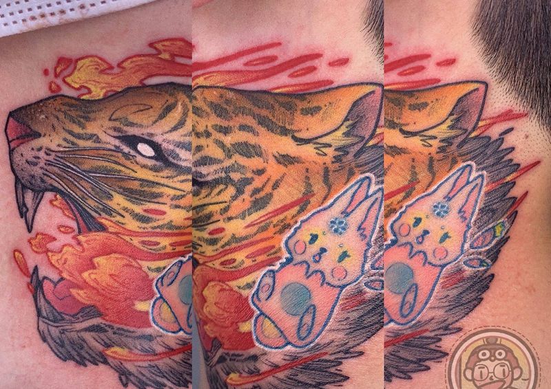 老虎&兔子纹身图片_颈部New School纹身图案