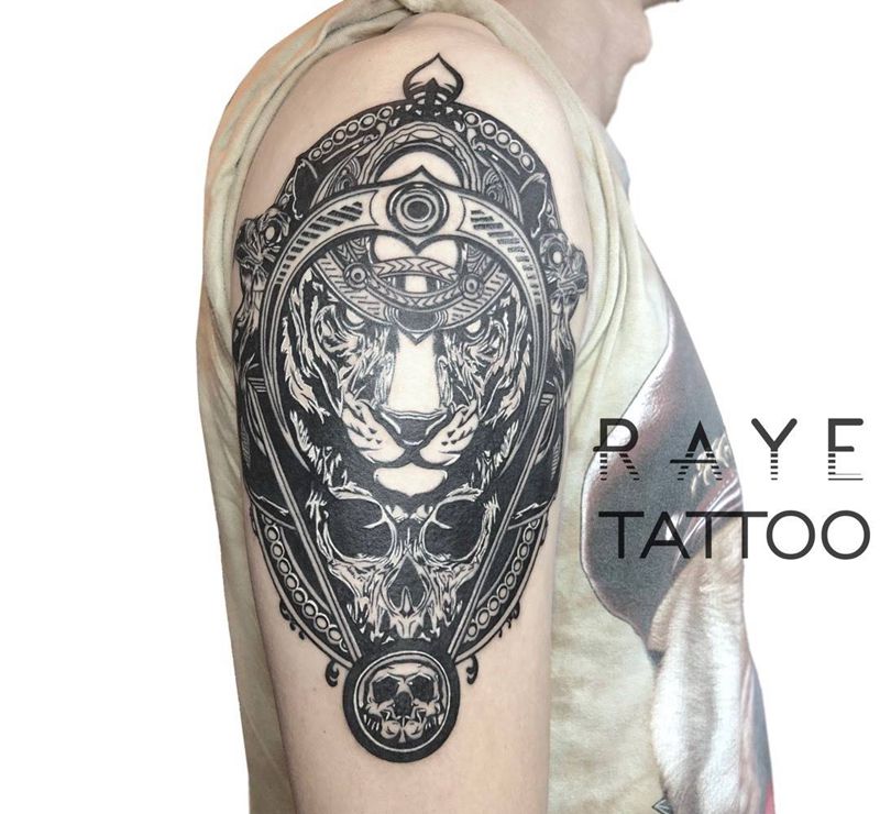 虎武士纹身图片_成品手臂欧美清新动物线条图腾纹身图案