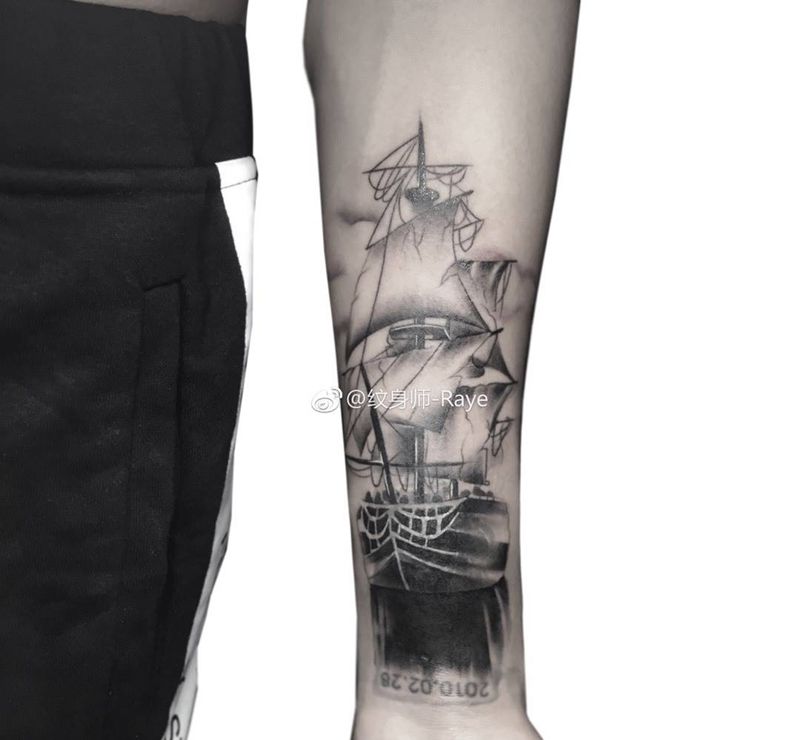 船-遮盖纹身图片_成品手臂欧美清新纹身图案