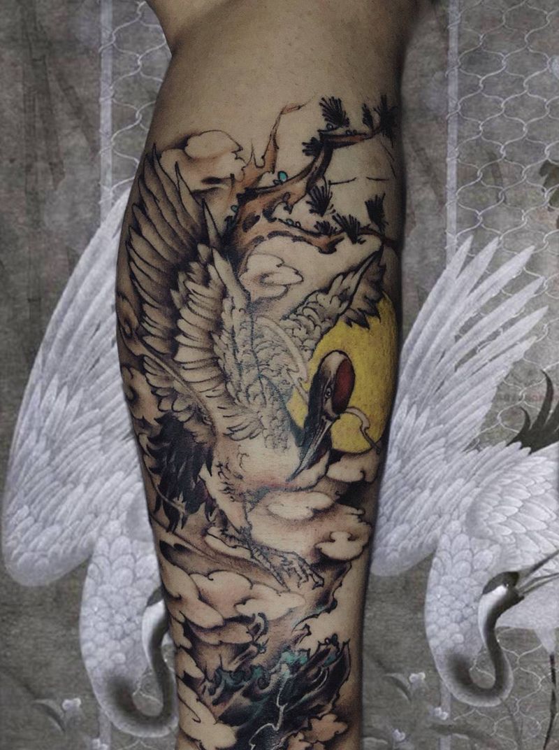 仙鹤纹身图片_脚部腿部新传统纹身图案