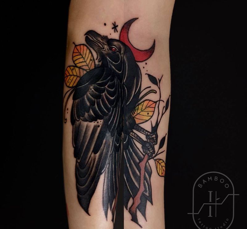 乌鸦纹身图片_成品手臂手部欧美写实原创动物纹身图案