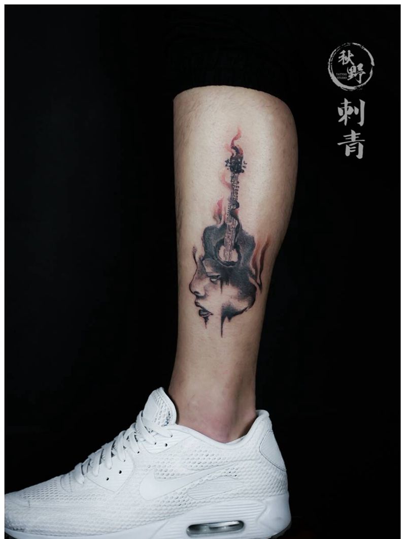 水墨纹身图片_腿部传统人物静物成品纹身图案