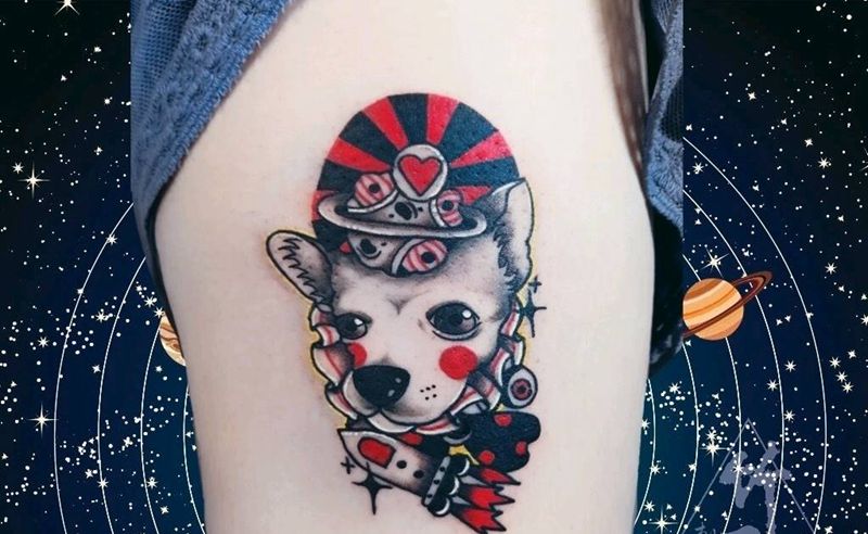 太空旅行的狗狗狗纹身图片_手臂手部欧美肖像动物原创成品纹身图案