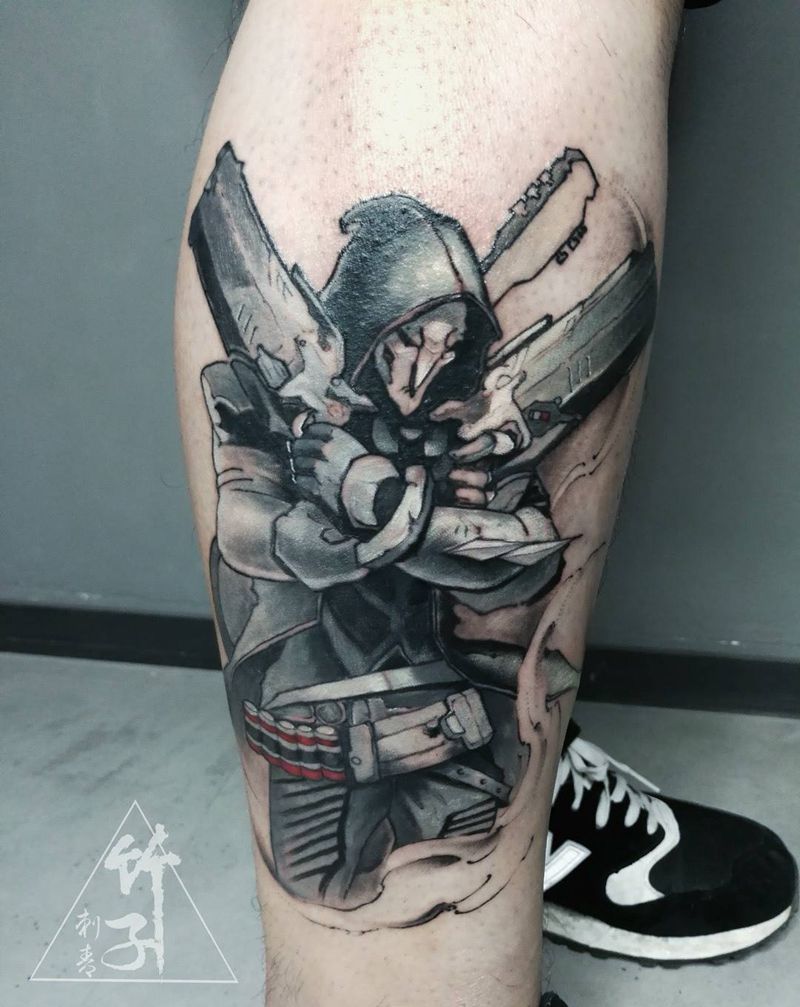 守望先锋纹身图片_成品腿部脚部欧美写实肖像鬼神原创人物纹身图案