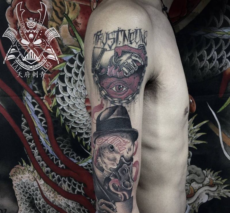 鸭先生纹身图片_成品手臂欧美动物纹身图案