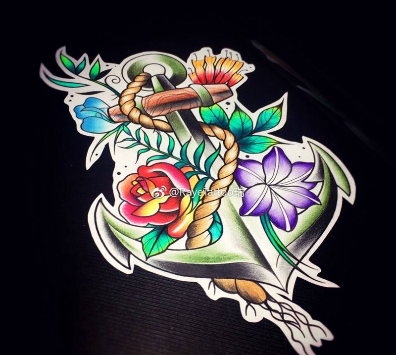 船锚纹身图片_手稿欧美清新植物静物纹身图案