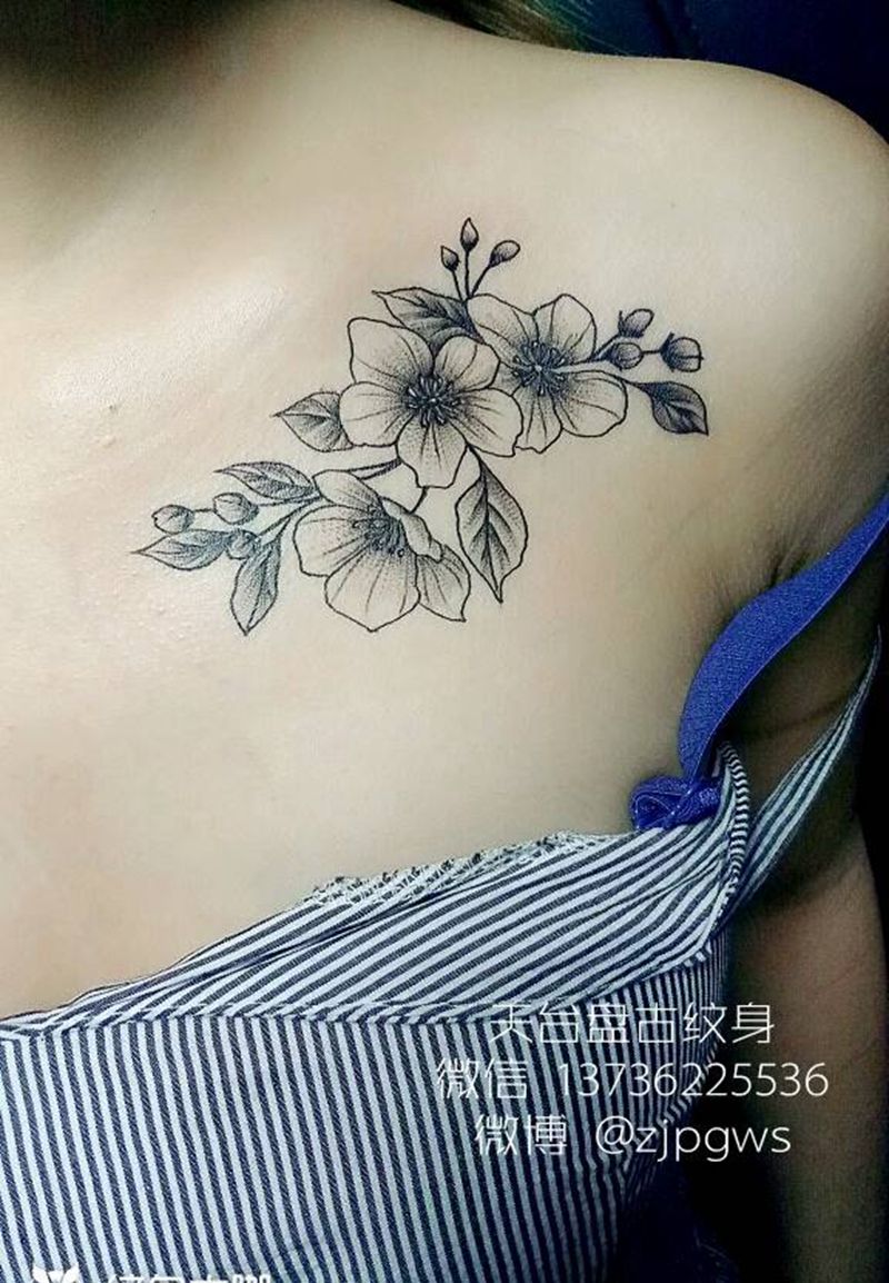 胸花纹身图片_胸部传统清新植物天台天台盘古成品纹身图案