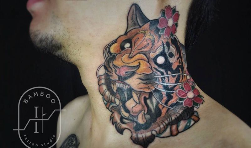 老虎纹身图片_成品肩部欧美写实动物原创纹身图案