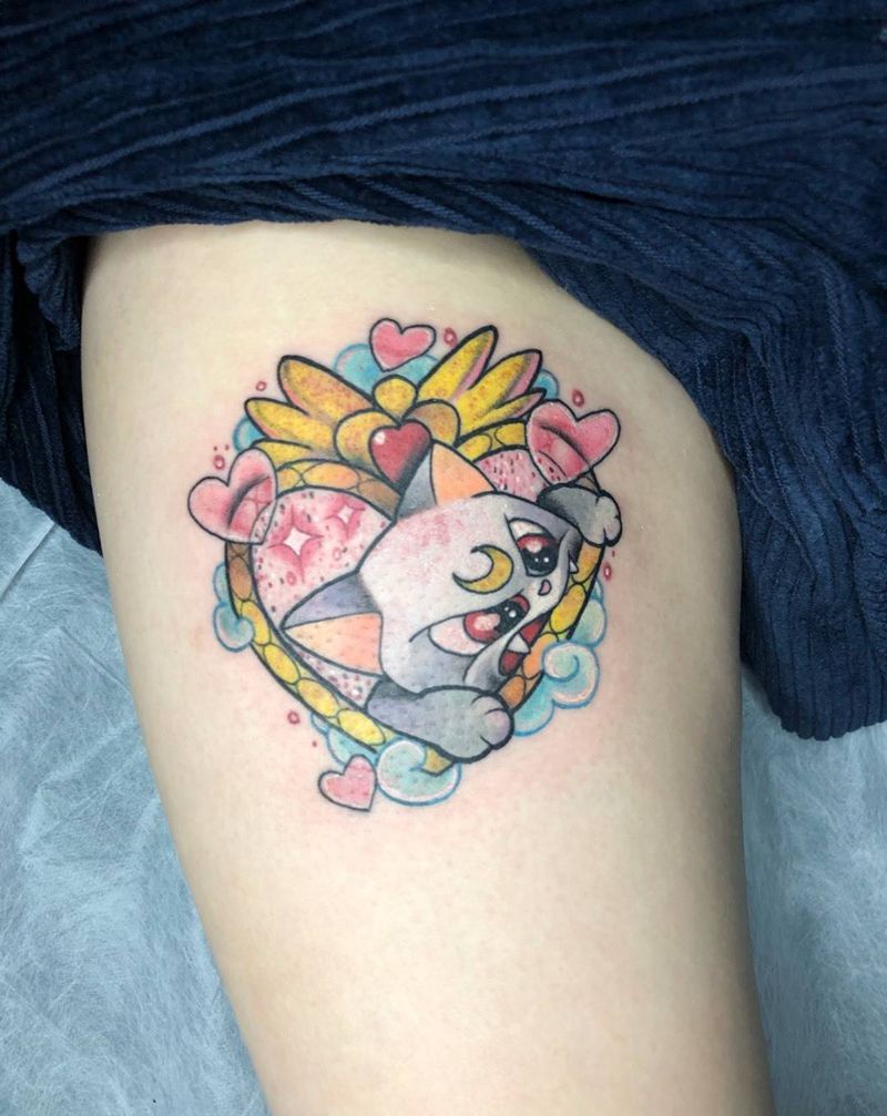 卡通貓纹身图片_脚部腿部New School水彩纹身图案