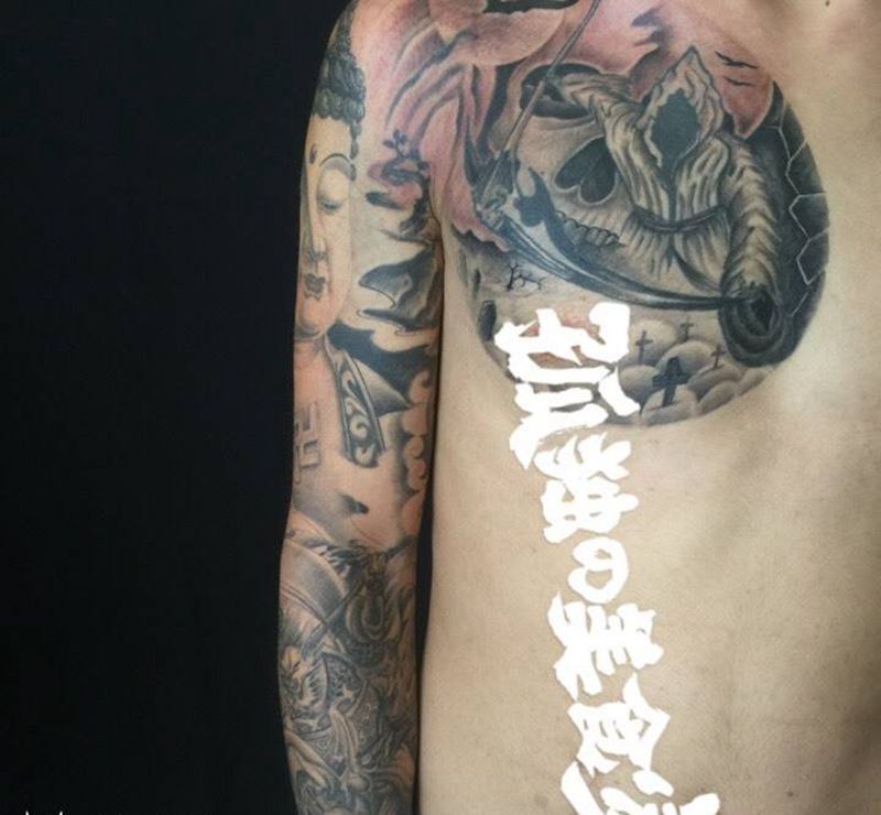 半甲花臂纹身图片_成品手臂传统宗教纹身图案