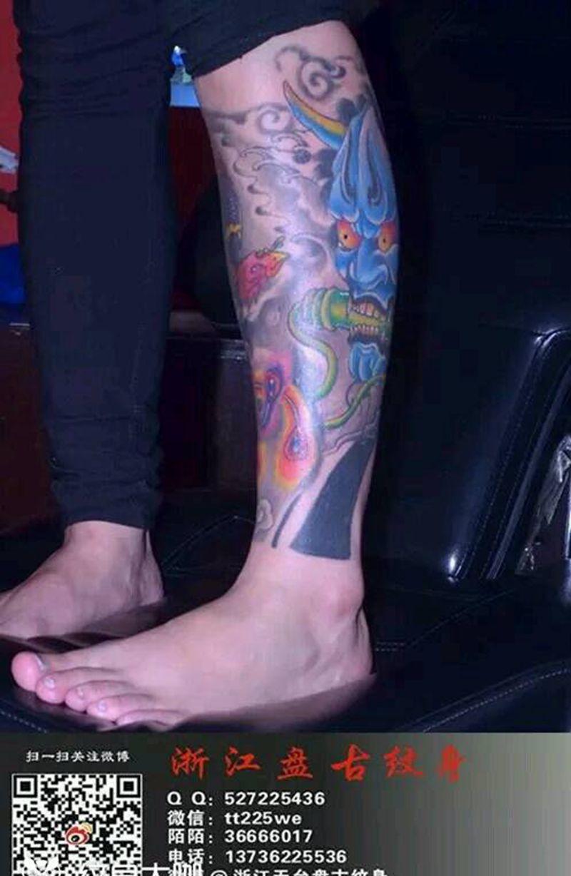 包小腿纹身图片_腿部脚部传统鬼神成品纹身图案