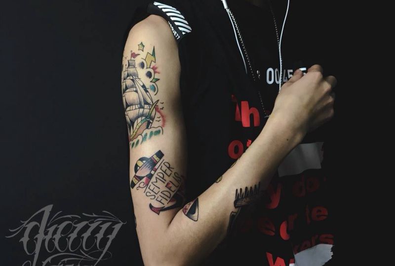 花臂拼接纹身图片_成品手臂纹身图案