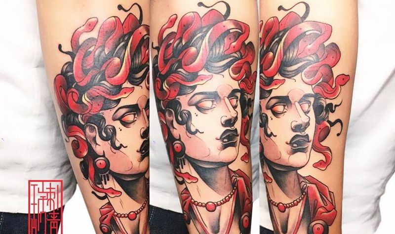 美杜莎纹身图片_成品手臂欧美清新人物纹身图案