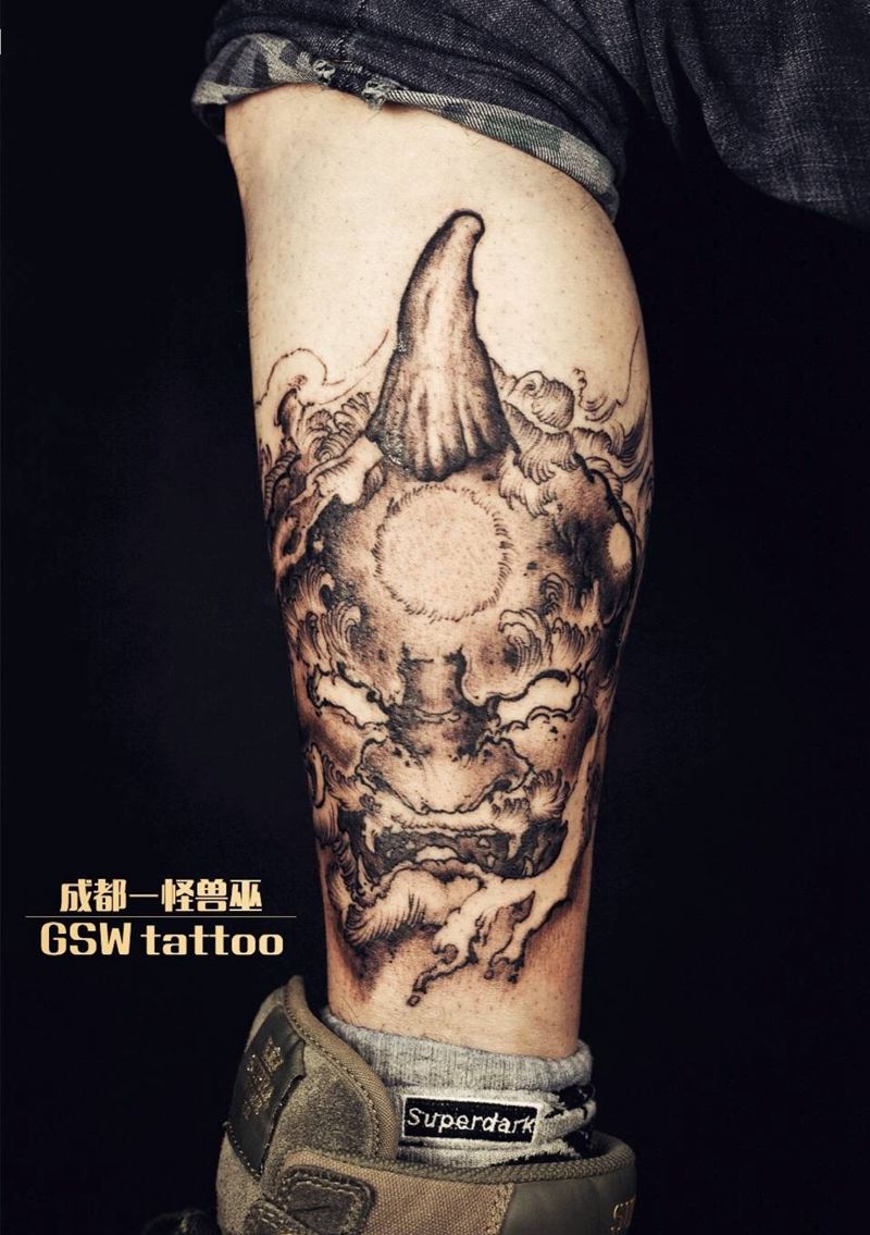 唐狮纹身图片_腿部传统国画动物鬼神图腾宗教原创成品纹身图案