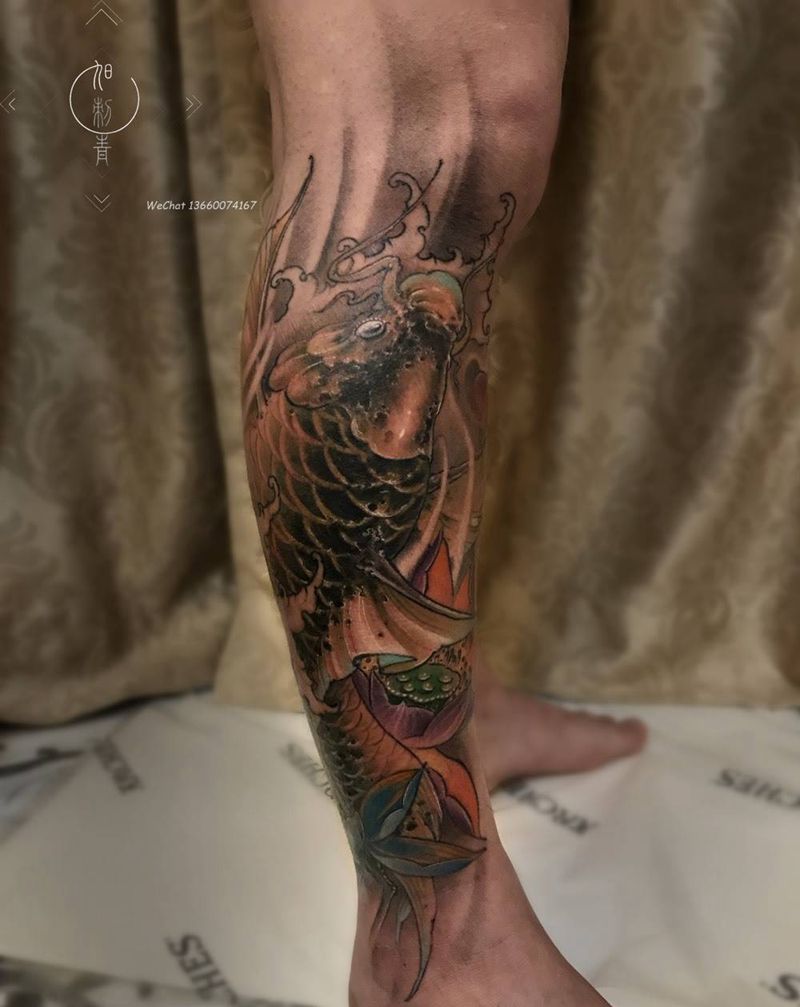 鲤鱼 遮盖作品纹身图片_成品腿部脚部传统鲤鱼纹身图案