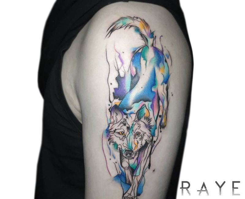 水彩狼纹身图片_成品手臂欧美清新水彩动物纹身图案