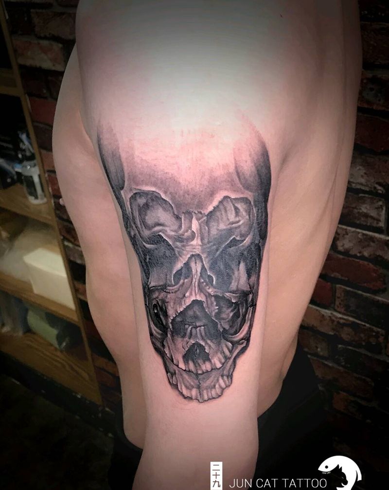 骷髅纹身图片_手臂欧美写实鬼神成品纹身图案
