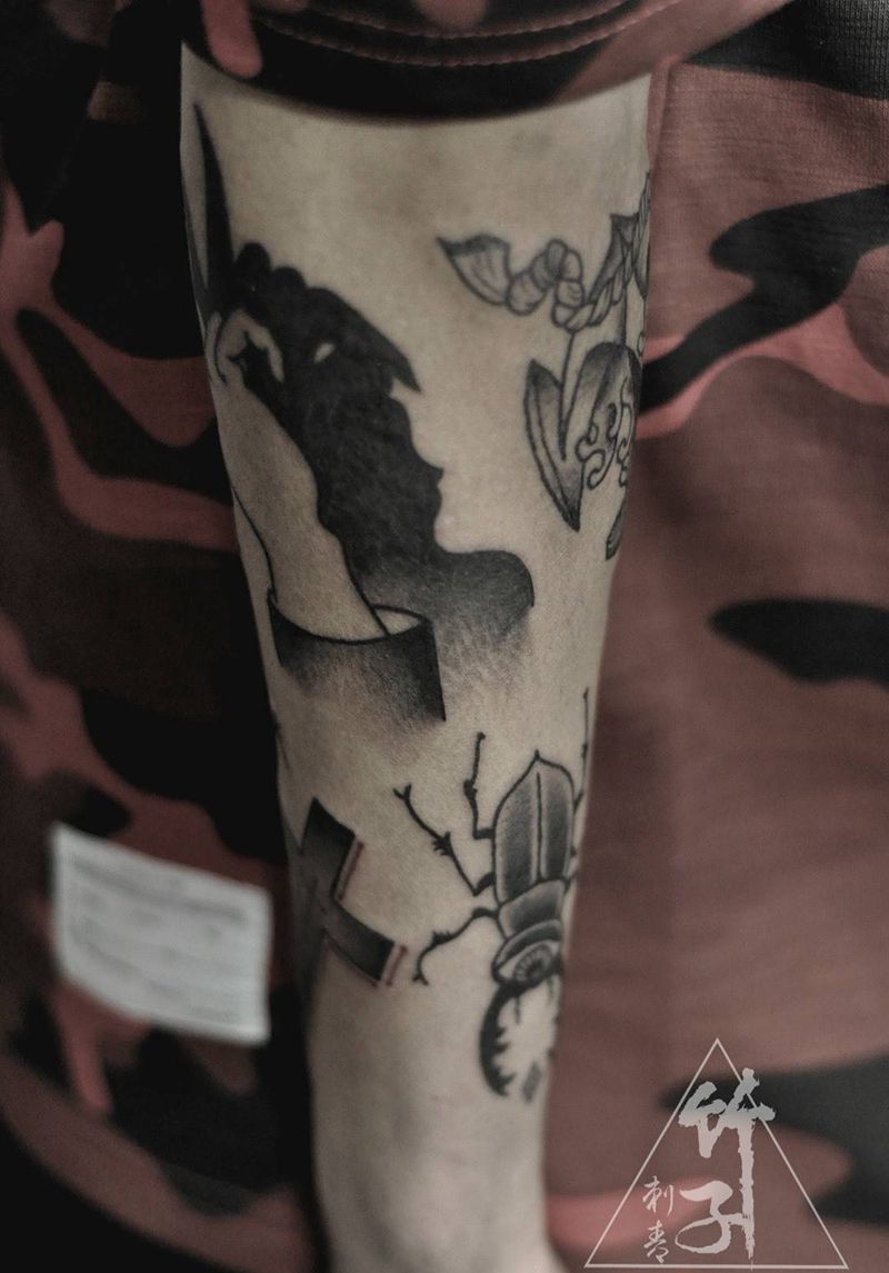 拼接花臂，黑灰系列纹身图片_手臂成品手部欧美原创动物静物人物纹身图案