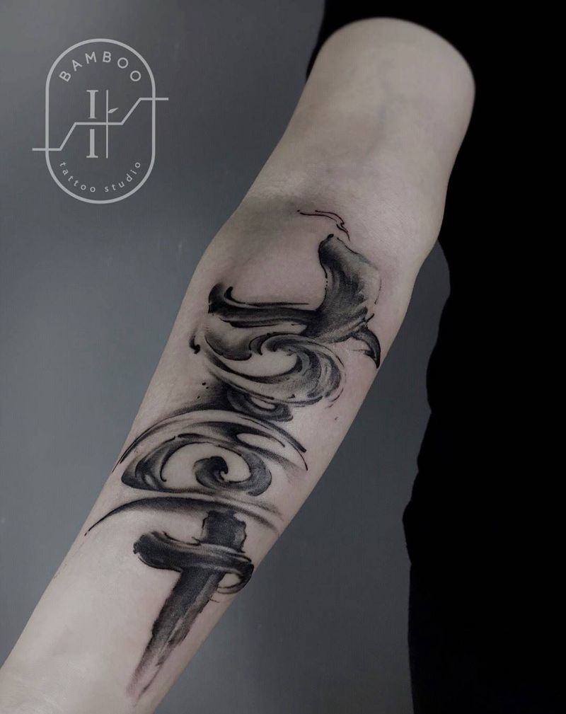 海浪感的书法纹身图片_成品国画手臂手部原创纹身图案