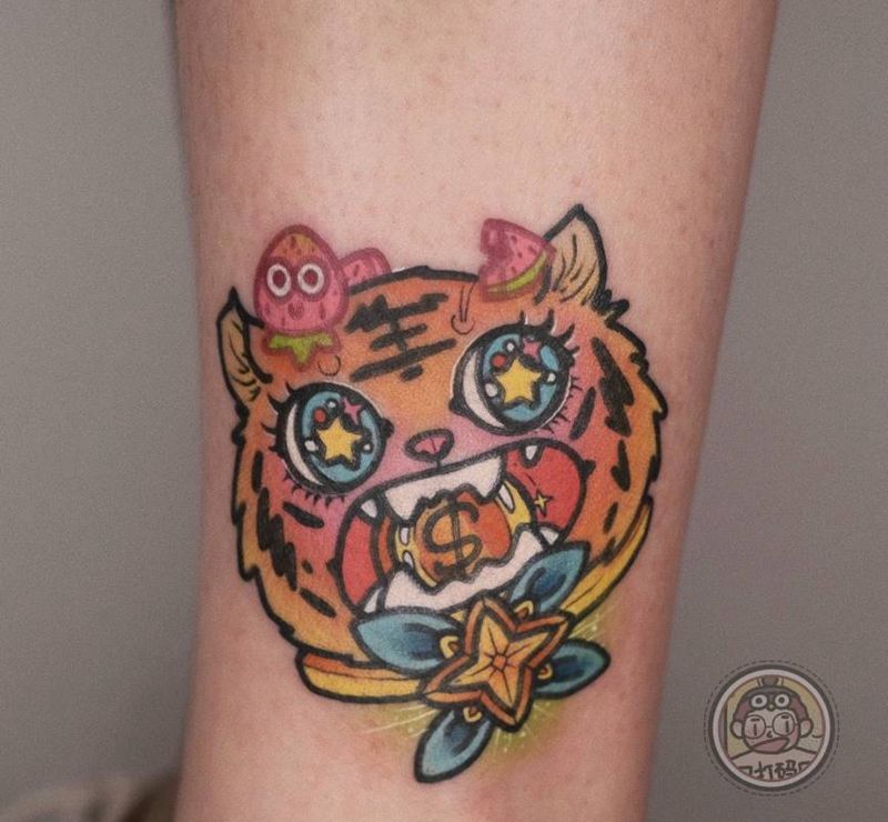 老虎纹身图片_腿部New School纹身图案