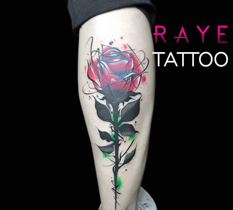 小腿玫瑰纹身图片_成品手稿腿部欧美清新植物原创线条水彩纹身图案