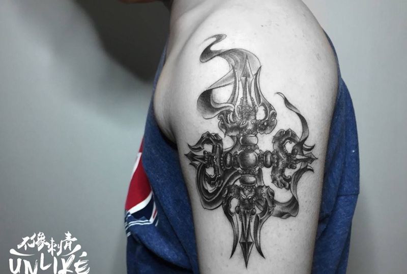 降魔杵纹身图片_成品手臂传统清新宗教纹身图案