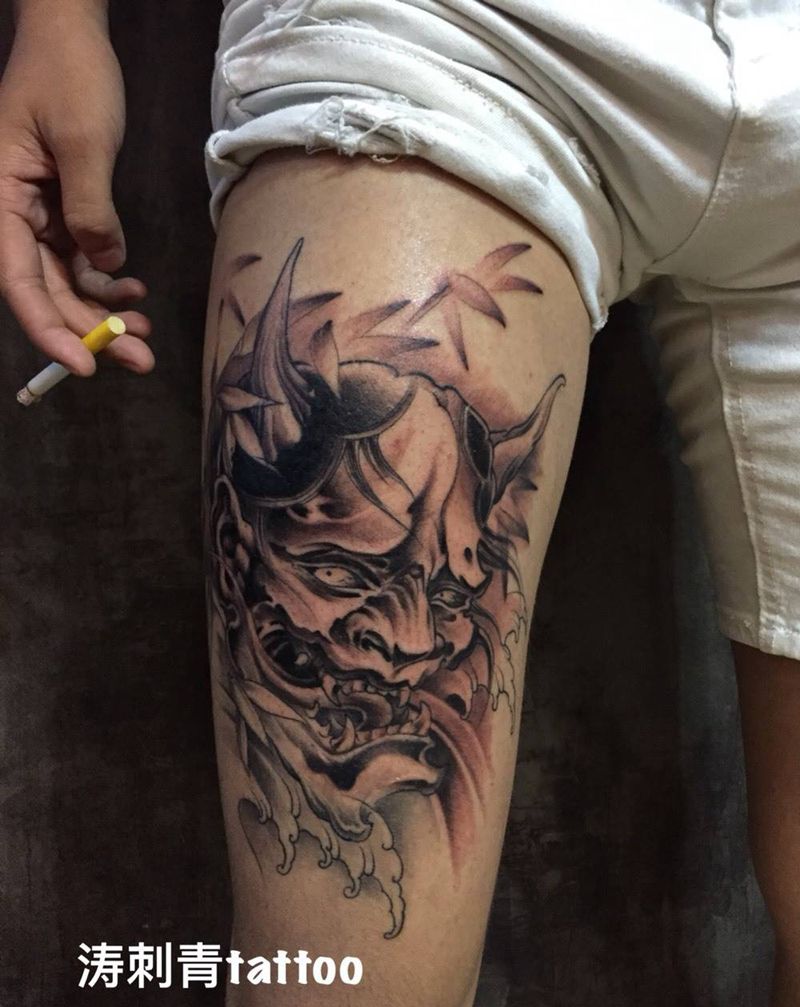 般若纹身图片_腿部新传统纹身图案