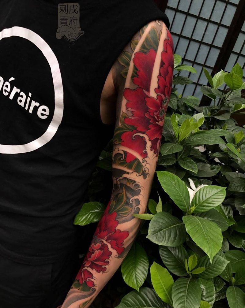 牡丹纹身图片_成品手部传统植物牡丹纹身图案