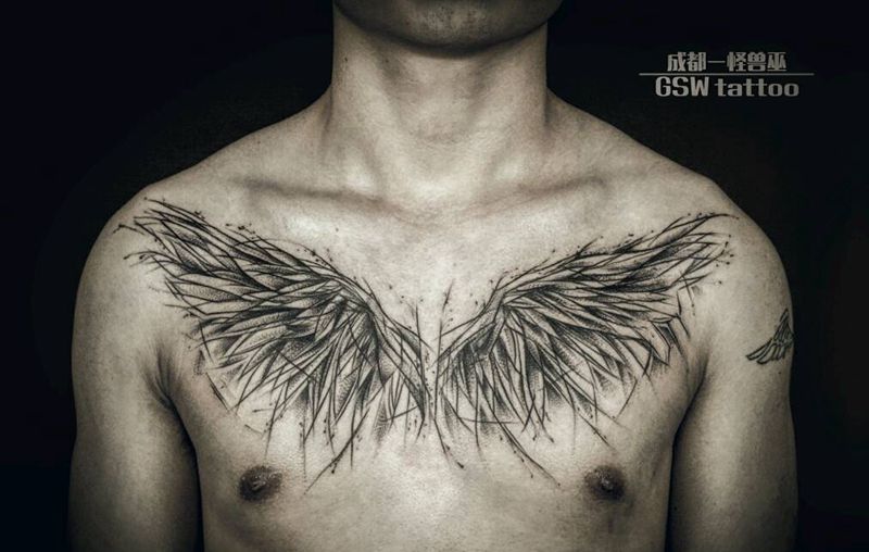 翅膀纹身图片_胸部清新几何动物图腾成品纹身图案