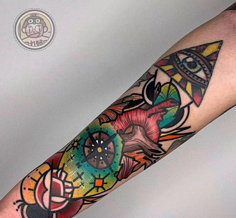 方向感 修改纹身图片_手臂New School纹身图案