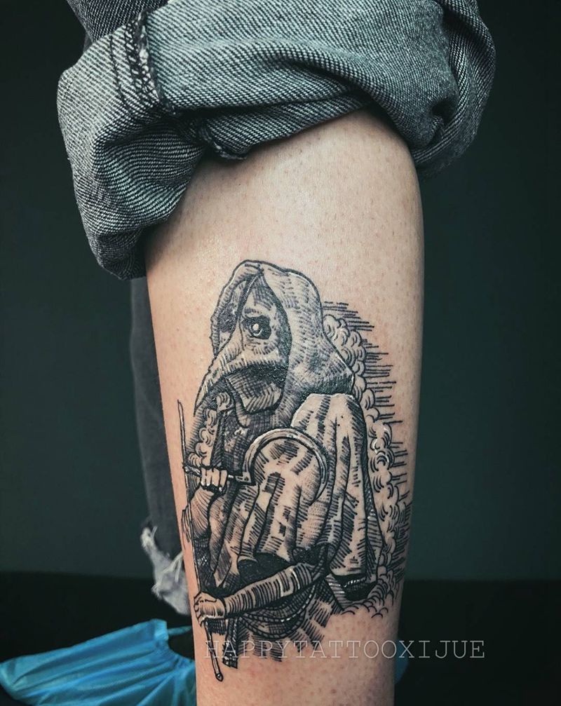 死神纹身图片_腿部Old School几何纹身图案