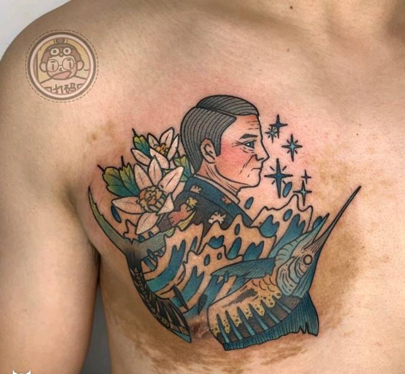 老人与海纹身图片_胸部New School纹身图案