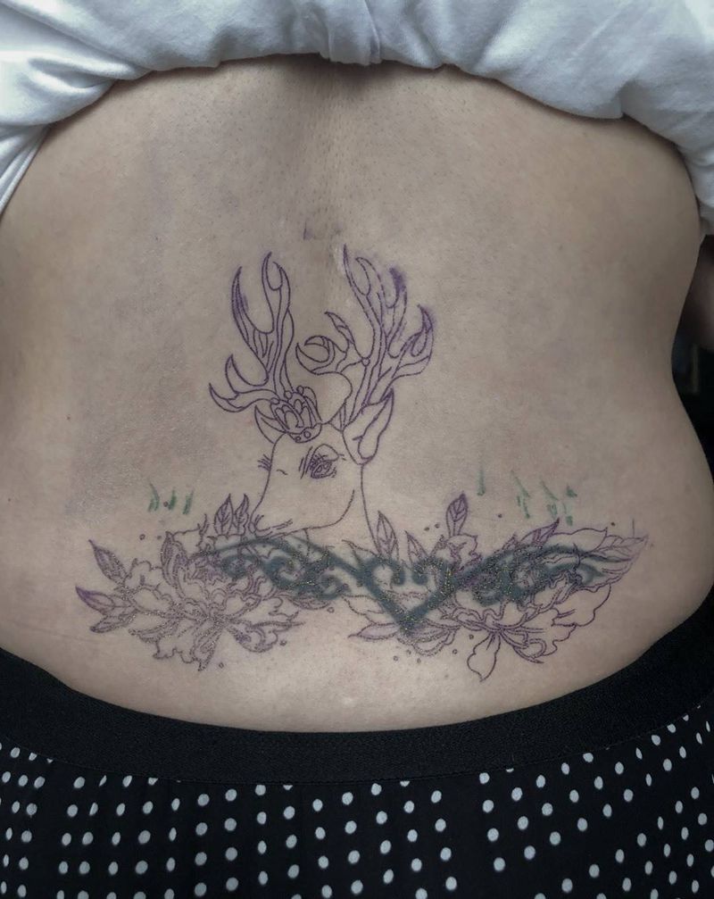 鹿纹身图片_腰部背部New School水彩纹身图案