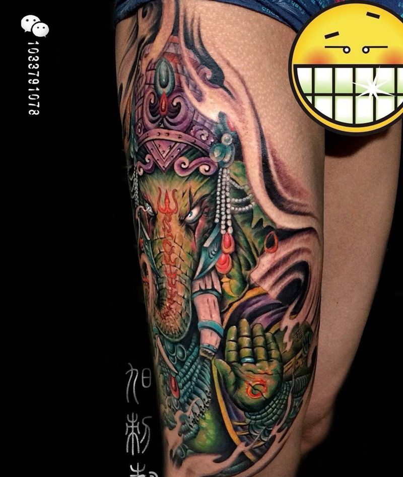 大腿象神纹身图片_成品腿部象神纹身图案