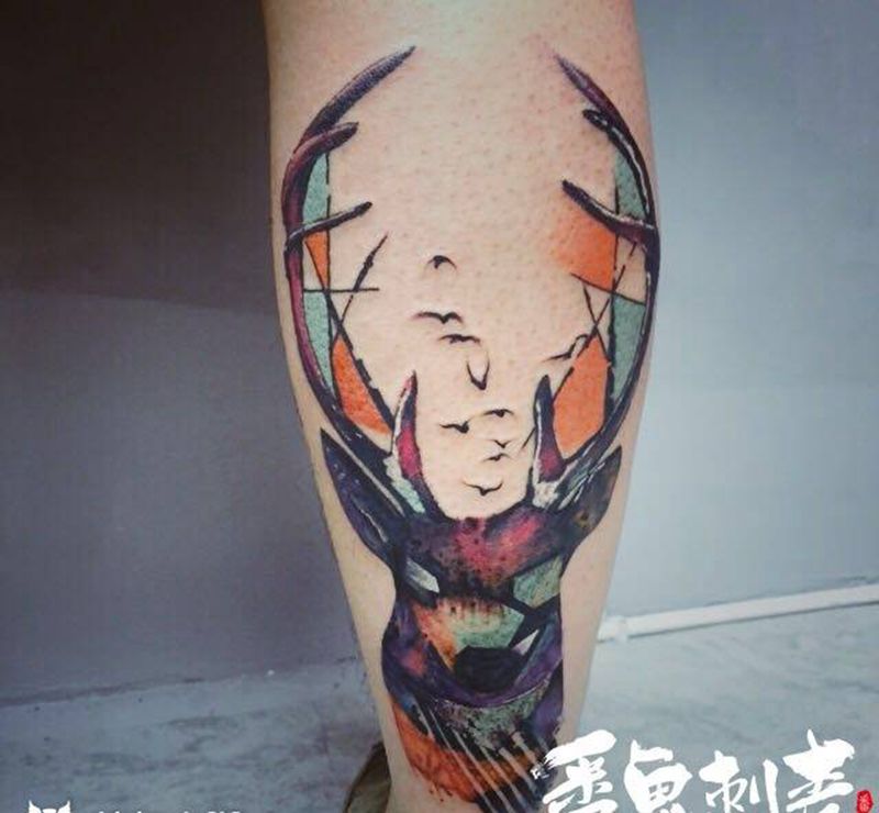 水彩麋鹿纹身图片