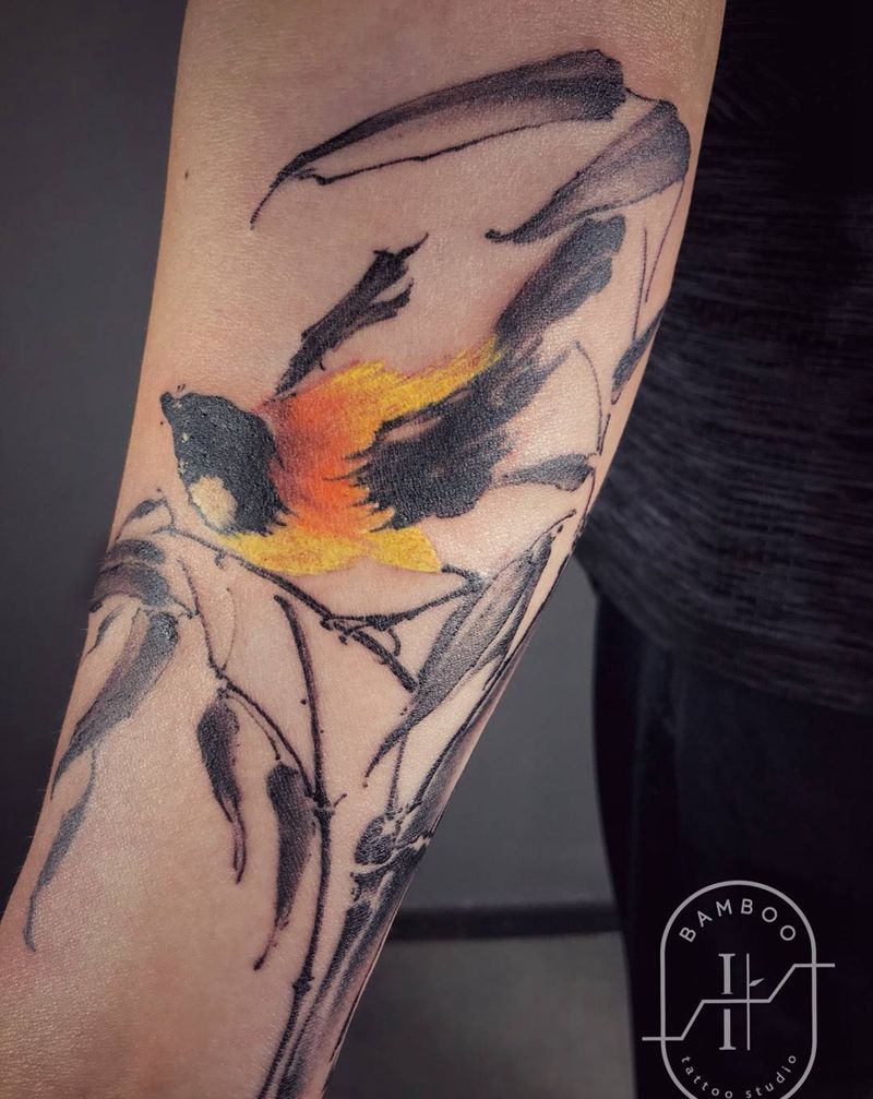 水墨竹与鸟纹身图片_成品手臂手部国画植物动物原创纹身图案