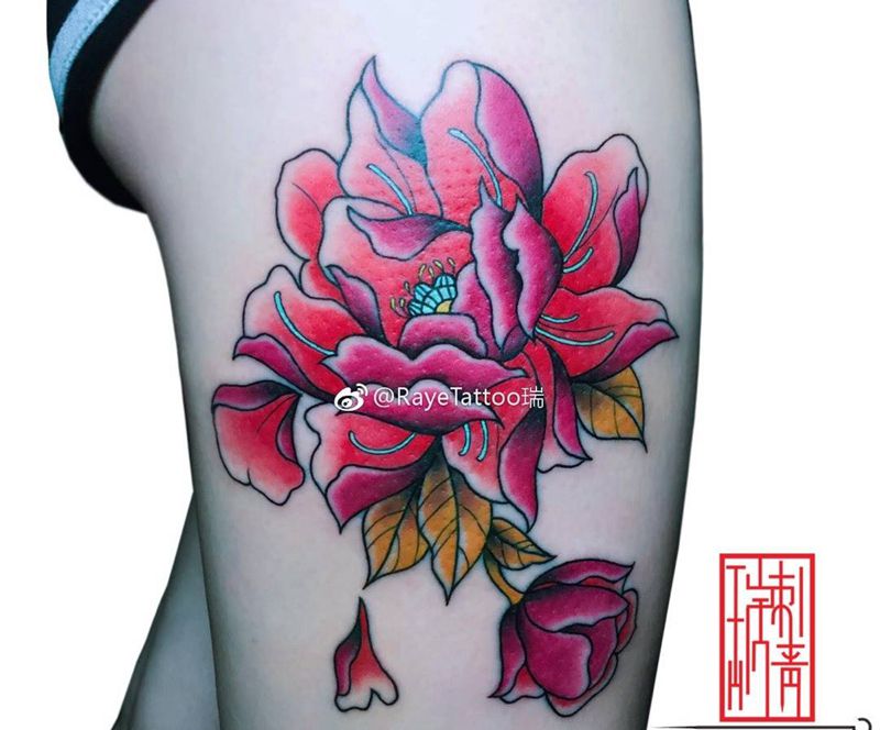 牡丹纹身图片_成品手稿腿部清新传统植物原创纹身图案