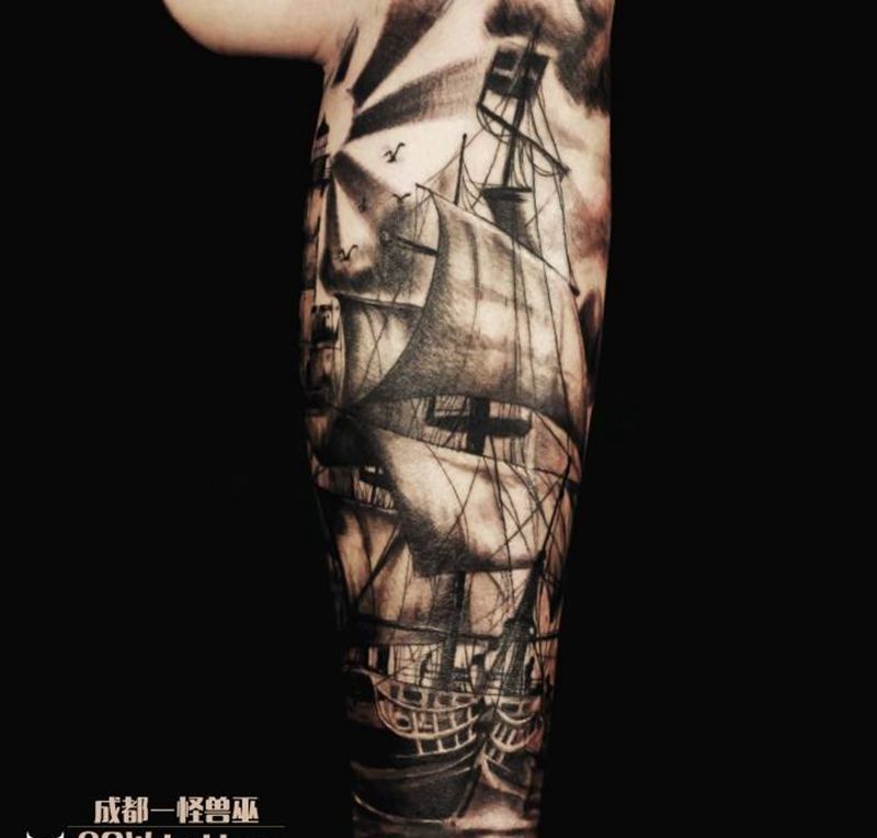扬帆起航纹身图片_腿部写实原创成品纹身图案