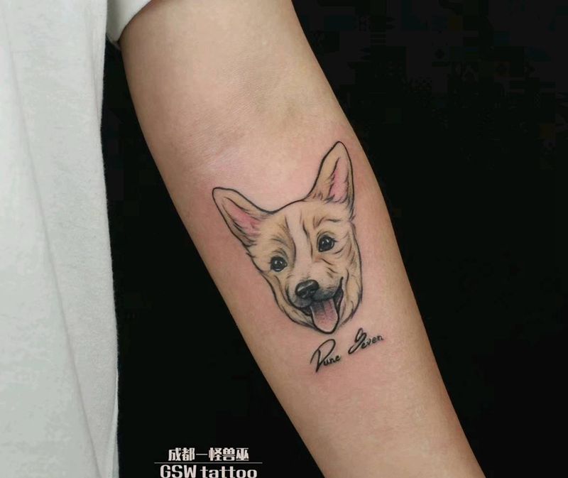 柯基纹身图片_手臂清新写实动物成品纹身图案