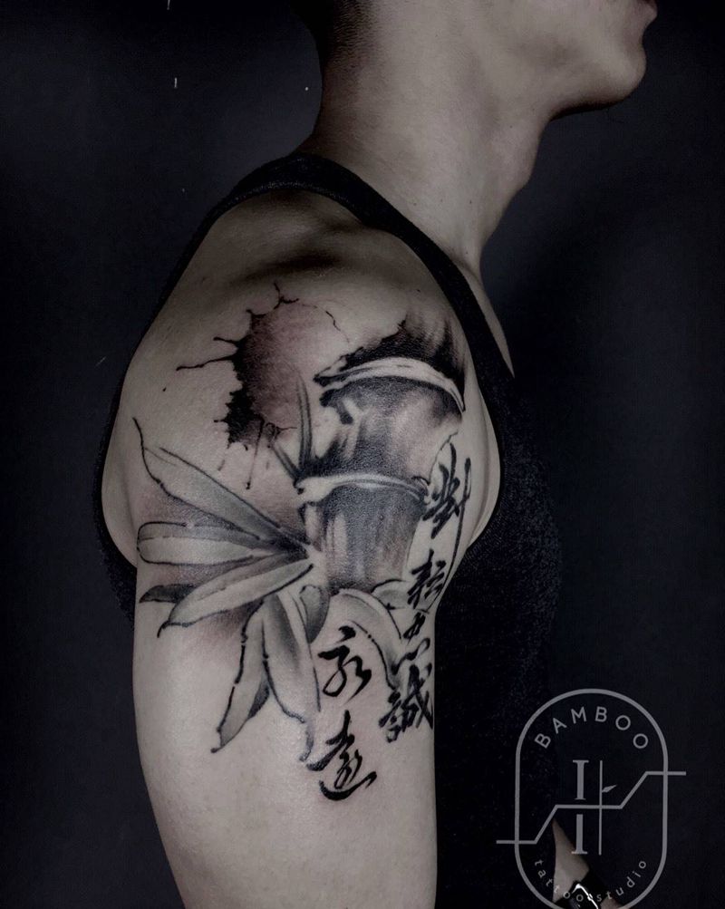 大臂水墨竹子，书法纹身图片_成品手臂手部传统国画图腾植物静物原创纹身图案