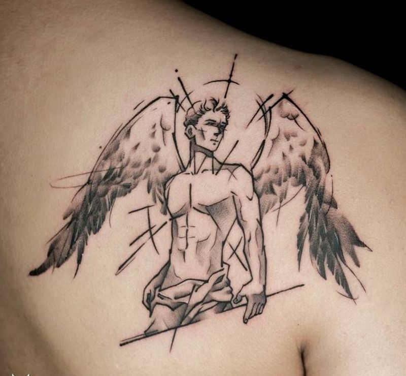 守护天使纹身图片_背部纹身图案