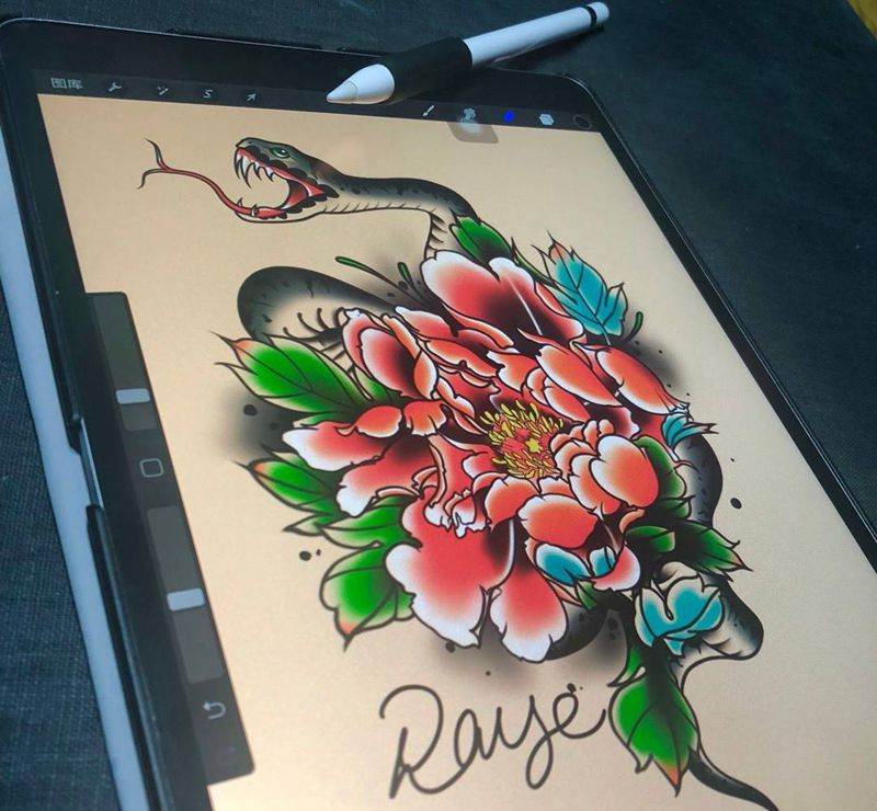 蛇盘牡丹纹身图片_新传统New School纹身图案