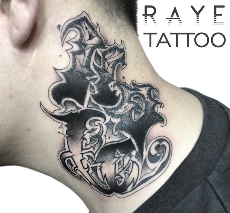 奇卡诺花体纹身图片_成品颈部欧美清新字符图腾纹身图案