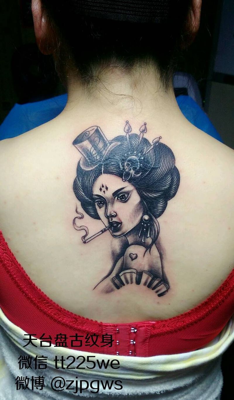 艺妓纹身图片_颈部背部传统肖像人物鬼神成品纹身图案