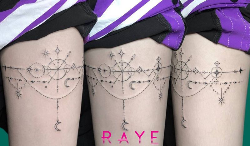 腿环纹身图片_成品手稿腿部欧美清新线条纹身图案