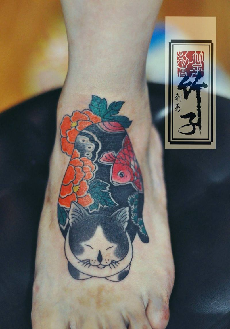 浮世绘猫纹身图片_成品脚部传统动物原创纹身图案