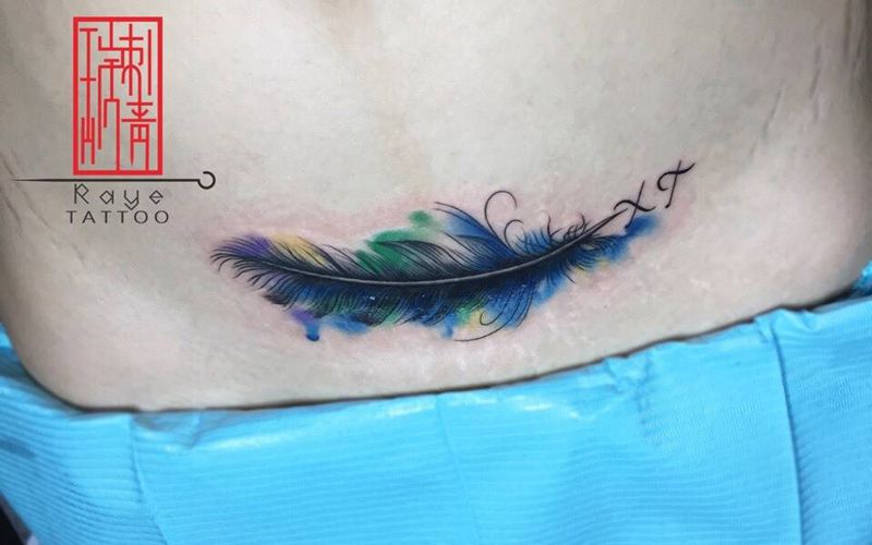 剖腹产疤痕遮盖纹身图片_成品手稿腹部欧美清新原创水彩纹身图案